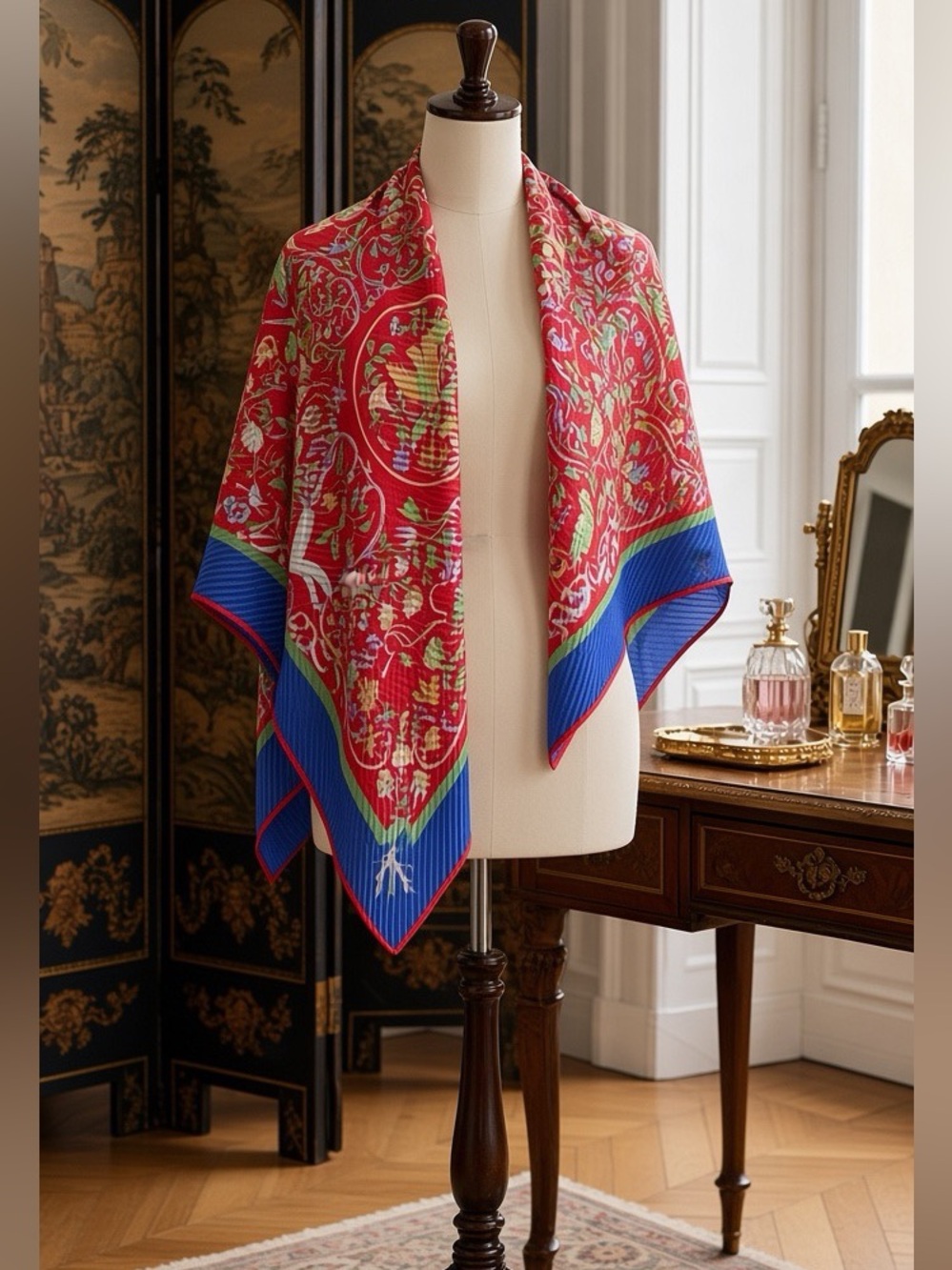 HERMES silk shawl in box "pierres d'orient et d'occident" 35”x35” bright colors
